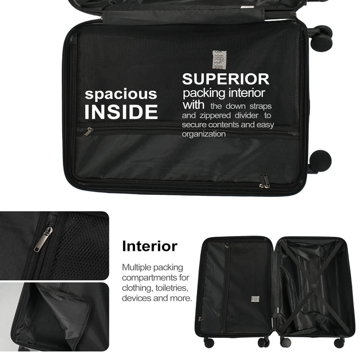 Zippered divider, packing straps and compartments inside the Vellaroam suitcase